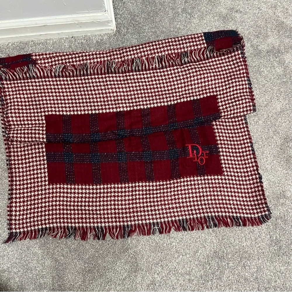 Christian Dior Vintage Soft Multicolor plaid red white and blue scarf with frill